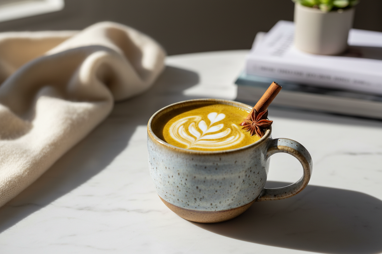 Warm golden turmeric mushroom latte in a ceramic mug with cinnamon stick and star anise on white marble, cozy wellness aesthetic, premium food photography