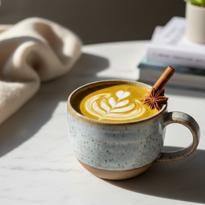 Warm golden turmeric mushroom latte in a ceramic mug with cinnamon stick and star anise on white marble, cozy wellness aesthetic, premium food photography
