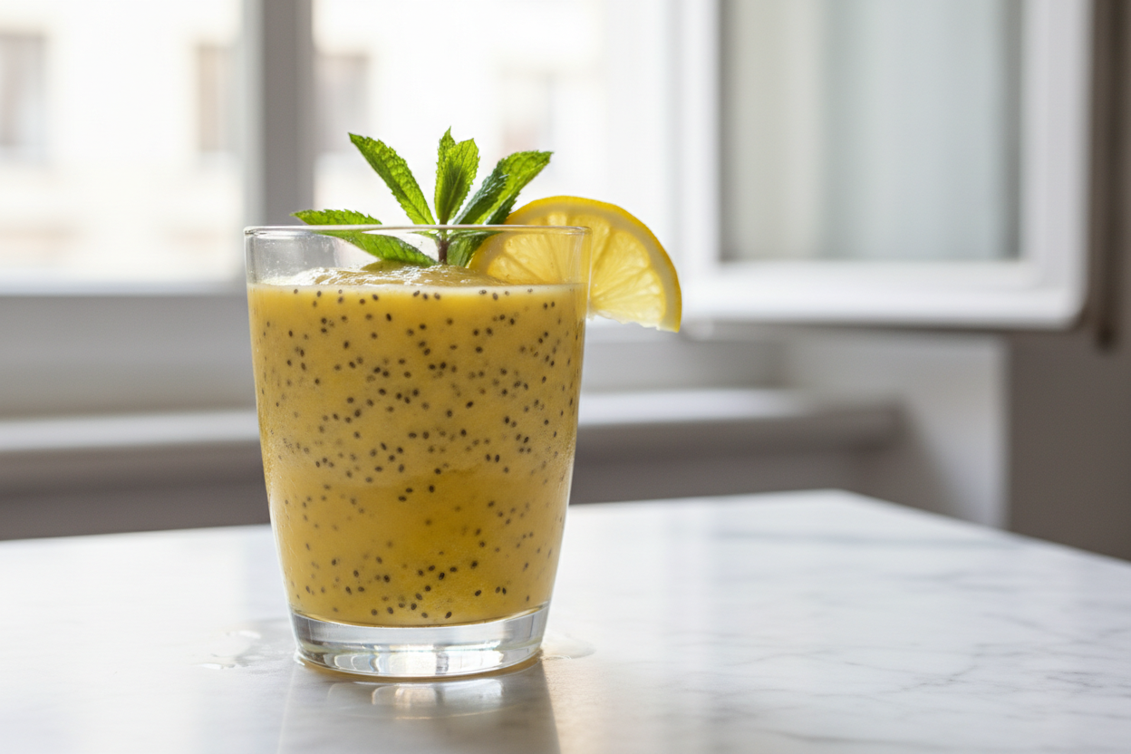 Morning detox smoothie with CellCore BioToxin Binder — tropical mango banana blend with fresh mint and lemon on white marble