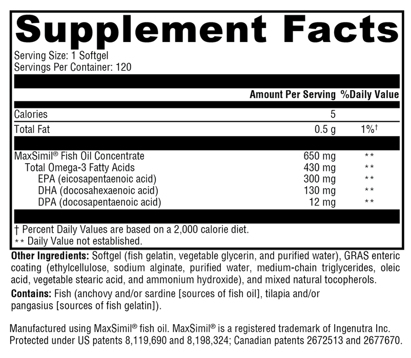 Xymogen Omega MonoPure 650 EC Fish Oil 120 Fish Gelatin Softgels