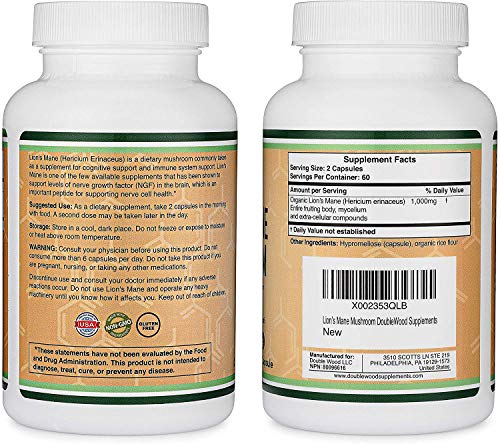 Double Wood Supplements Lions Mane Mushroom 120 Capsules 2 Month Supply