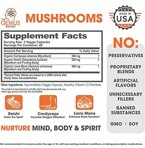 Genius Mushrooms Lions Mane, Cordyceps and Reishi 180 Count