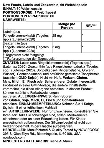 NOW Supplements Lutein & Zeaxanthin with 25 mg Lutein and 5 mg Zeaxanthin, 60 Softgels