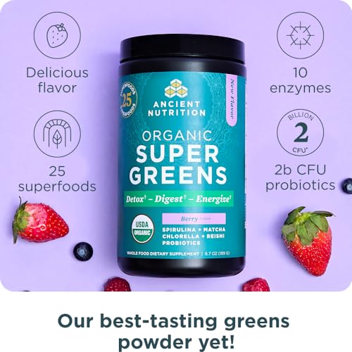 Ancient Nutrition SuperGreens Powder Berry 6.7oz 25 Servings