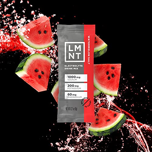 LMNT electrolyte drink mix packet with watermelon slices on a black background