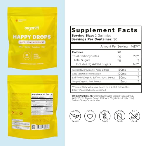 Organifi Happy Drops Mood Support Supplement Sweet Lemon Flavor 60 Gummies