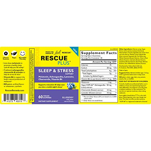 Bach RESCUE PLUS Sleep & Stress Support 60 Gummies Natural Blueberry Flavor