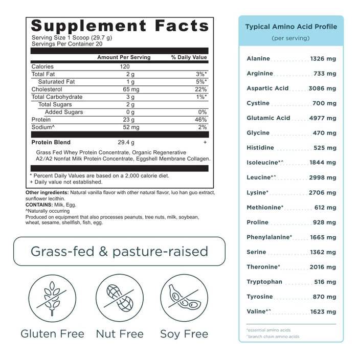 Ancient Nutrition Grass Fed Whey Protein, Vanilla Bean, 23g Protein, 20 Servings