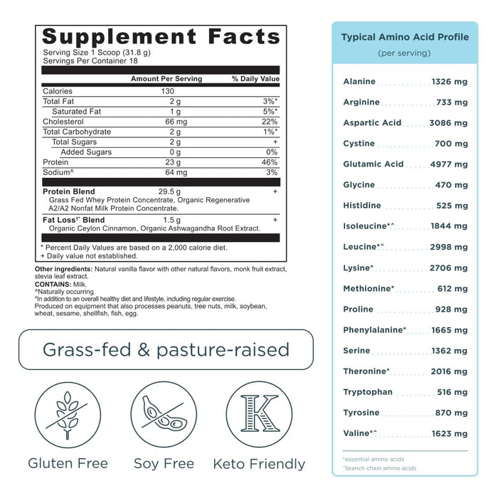 Ancient Nutrition Grass Fed Whey Protein + Fat Loss Blend, Vanilla Cinnamon, 23g Protein