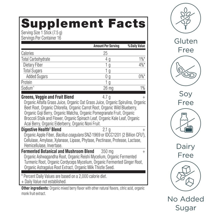 Ancient Nutrition SuperGreens Powder with Probiotics Berry Flavor 16 Stick Packs