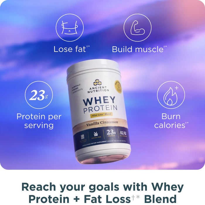 Ancient Nutrition Grass Fed Whey Protein + Fat Loss Blend, Vanilla Cinnamon, 23g Protein