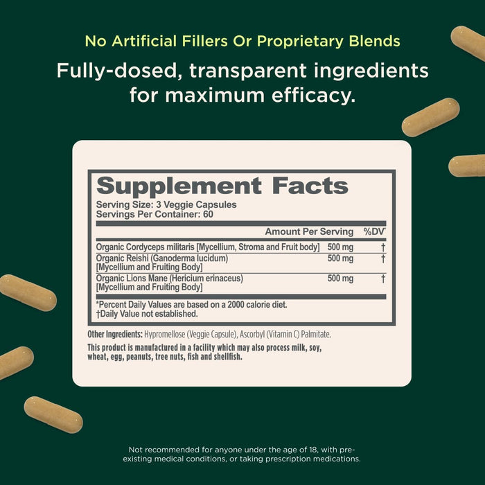 Genius Mushrooms Lions Mane, Cordyceps and Reishi 180 Count