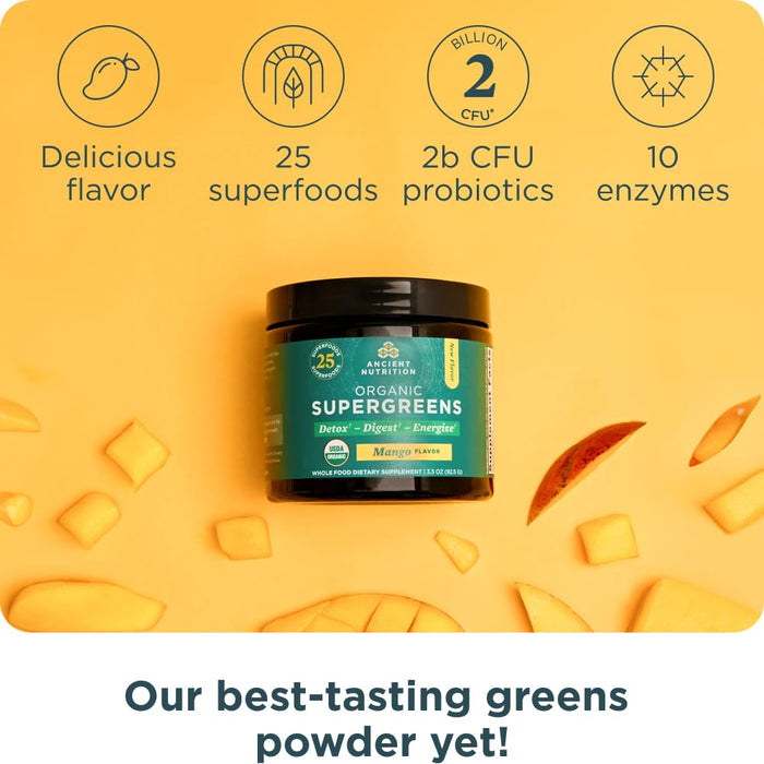 Ancient Nutrition SuperGreens Powder with Probiotics Organic Mango Flavor 12 Servings 3.3oz