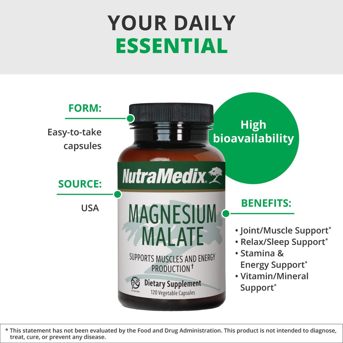 NutraMedix Magnesium Malate Energy Supplements - Bioavailable Magnesium for Sleep, Immune Support & Joint Health - Vegan, Non-GMO & Gluten-Free Magnesium Supplements (120 Vegetarian Capsules)