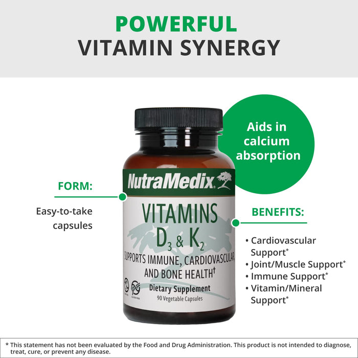 NutraMedix Vitamin D3 and K2 Immune Support Supplement for Women & Men - Help Support Heart Health - Can Assist with Calcium Metabolism (90 Capsules)