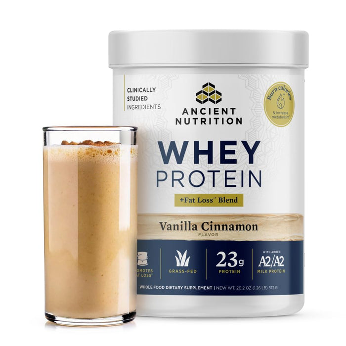 Ancient Nutrition Grass Fed Whey Protein + Fat Loss Blend, Vanilla Cinnamon, 23g Protein