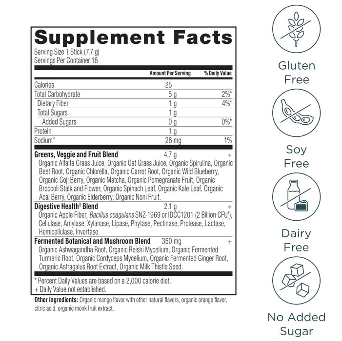 Ancient Nutrition SuperGreens Powder with Probiotics Mango Flavor 16 Stick Packs