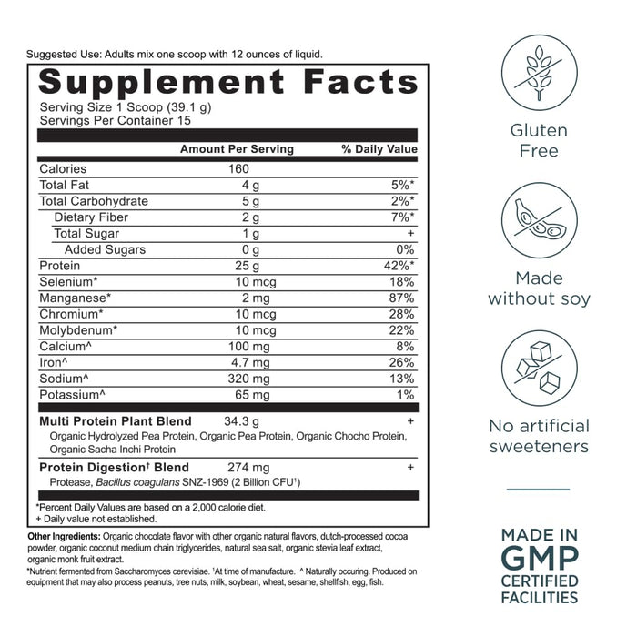 Ancient Nutrition Organic Multi Protein Plant Based Powder -  Chocolate -15 Servings