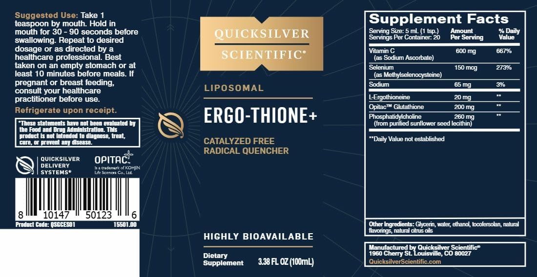 Quicksilver Scientific Ergo-Thione+, 20 Servings 3.38 Fl oz