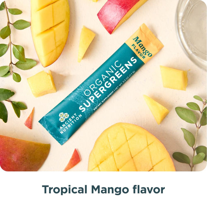 Ancient Nutrition SuperGreens Powder with Probiotics Mango Flavor 16 Stick Packs