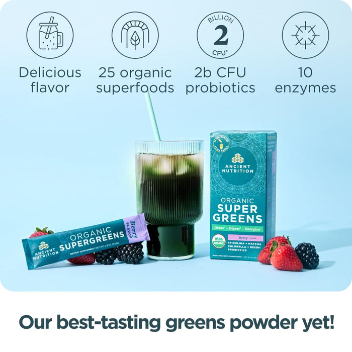 Ancient Nutrition SuperGreens Powder with Probiotics Berry Flavor 16 Stick Packs