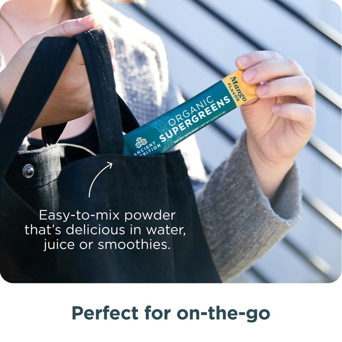 Ancient Nutrition SuperGreens Powder with Probiotics Mango Flavor 16 Stick Packs