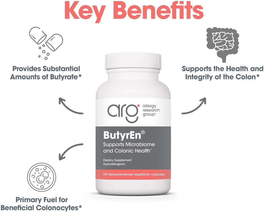 Allergy Research Group - ButyrEn - Butyric Acid - Colon Lining Nutrition - 100 Delayed Release Capsules