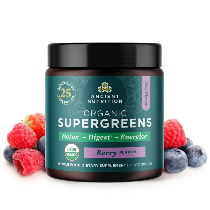 Ancient Nutrition SuperGreens Powder with Probiotics Organic Berry Flavor 12 Servings 3.2oz