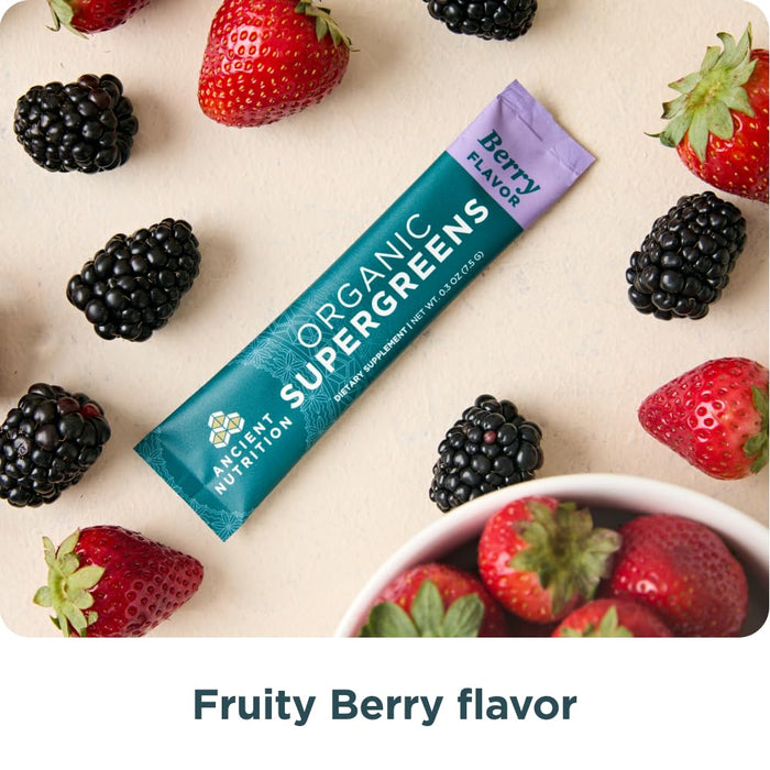 Ancient Nutrition SuperGreens Powder with Probiotics Berry Flavor 16 Stick Packs