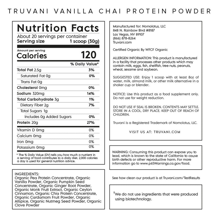 Truvani Plant Based Protein Powder - Vanilla Chai 20 Servings