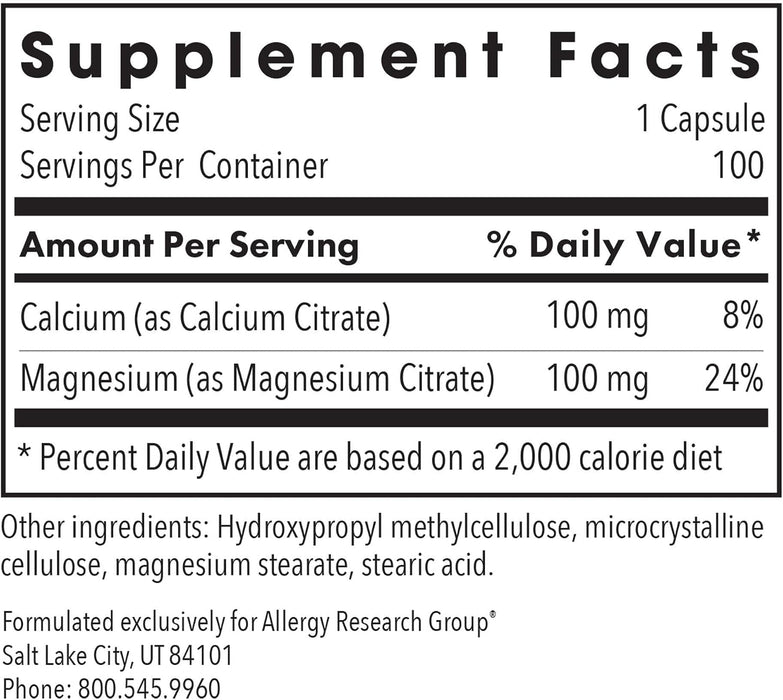 Allergy Research Group - Calcium Magnesium Citrate - 100 Vegetarian Capsules