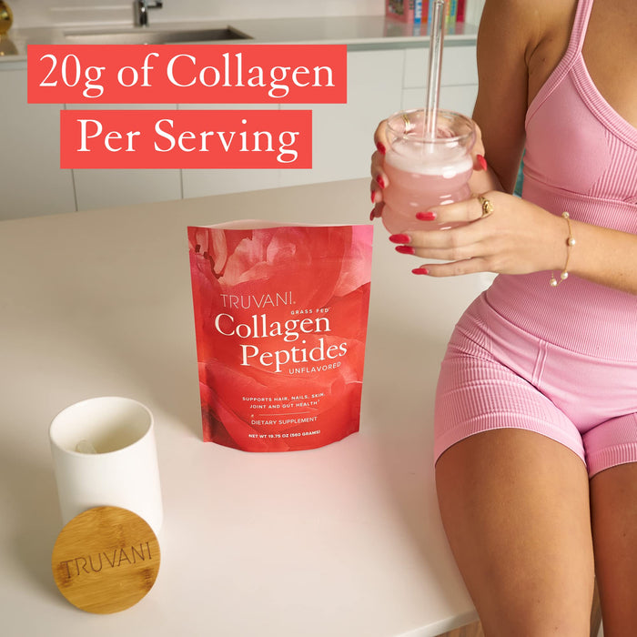 Truvani Hydrolyzed Collagen Peptides Unflavored 28 Servings 19.75oz 560g 20g Grass-Fed Collagen Per Serving