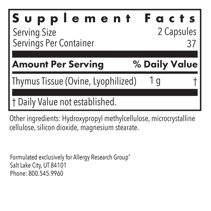 Allergy Research Group - Thymus - Natural Glandular, Immune Support - 75 Veg caps