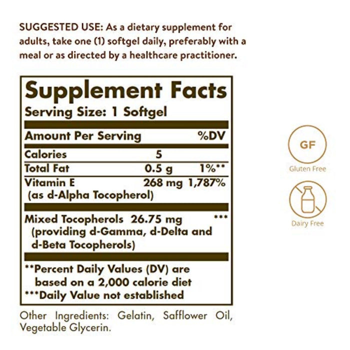 Solgar Vitamin E 268 mg (400 IU), 250 Mixed Softgels - Natural Antioxidant