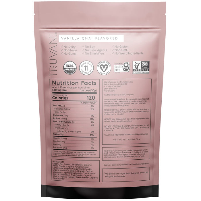 Truvani Plant Based Protein Powder - Vanilla Chai 20 Servings