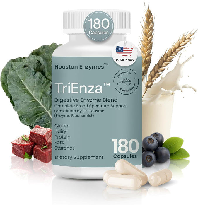Houston Enzymes TriEnza 180 Capsules Broad-Spectrum Enzymes for Digestive Intolerances