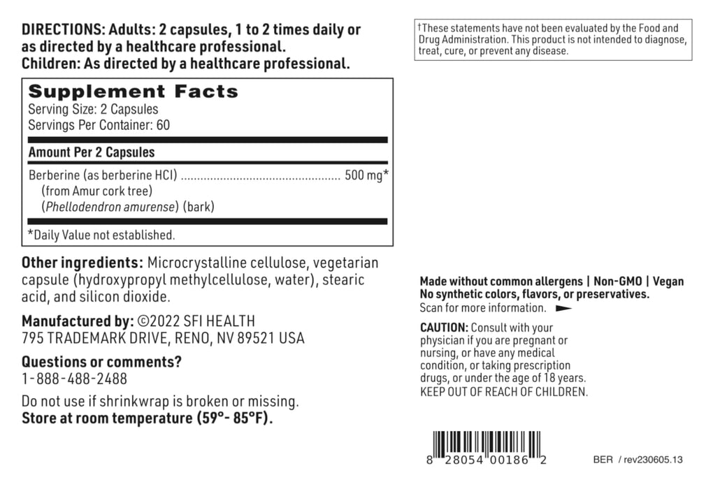 SFI Health Berberine HCI 500mg 120 Capsules