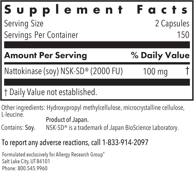 Allergy Research Group Nattokinase NSK-SD 50mg - 300 Vegetarian Capsules