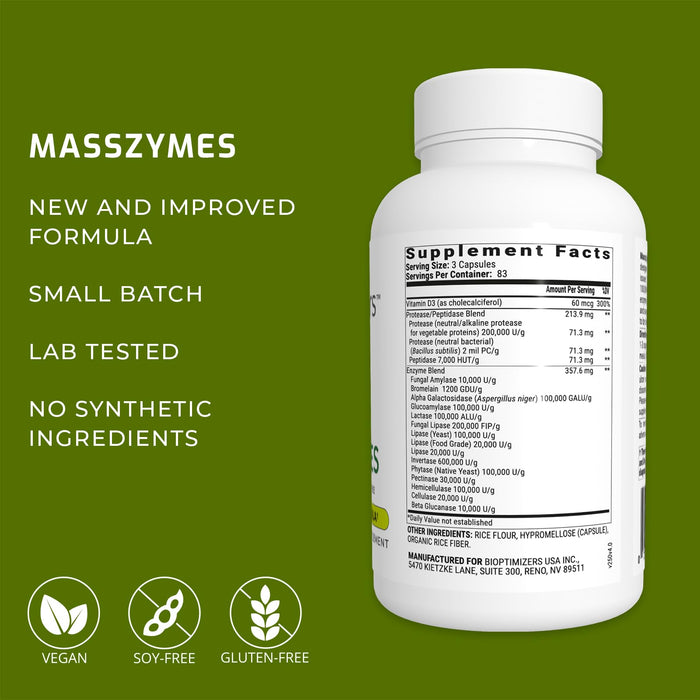 BiOptimizers MassZymes Complete Digestive Enzymes 250 Capsules