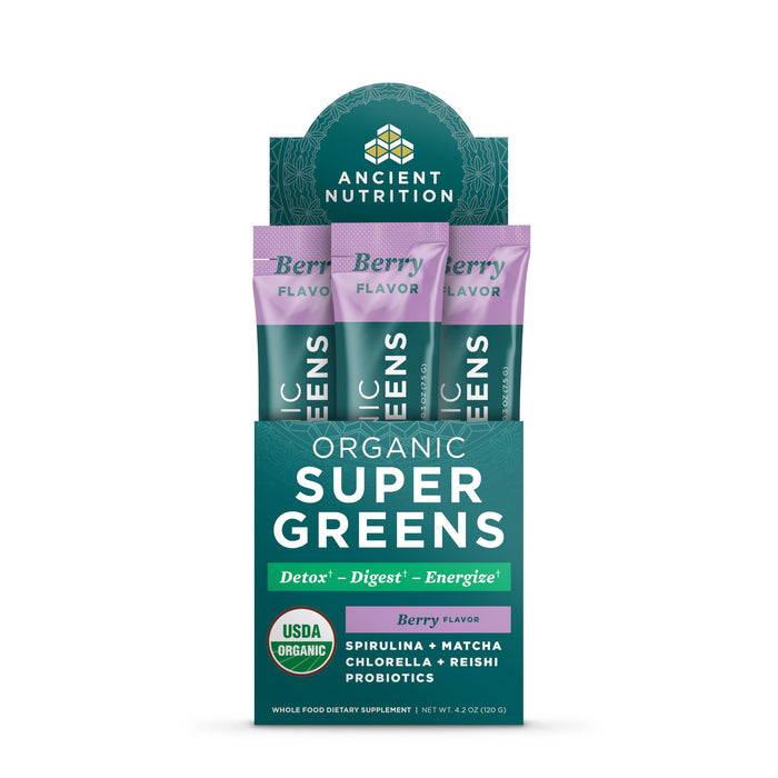 Ancient Nutrition SuperGreens Powder with Probiotics Berry Flavor 16 Stick Packs