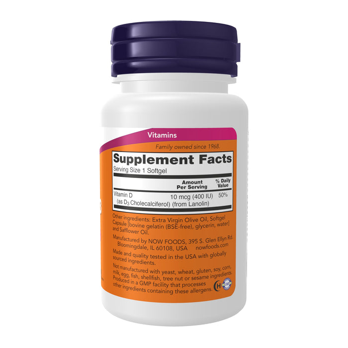 NOW Supplements, Vitamin D-3 400 IU, Strong Bones*, Structural support*, 180 Softgels