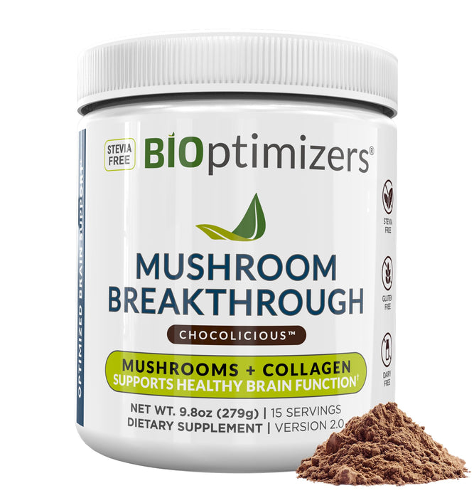 BiOptimizers Mushroom Breakthrough – Chocolate Drink – Lion’s Mane, Chaga, Reishi + Collagen Peptides 15 Servings
