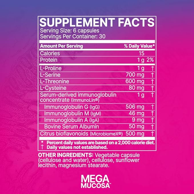 Microbiome Laps MegaMucosa - Amino Acids Supplement with Dairy-Free Immunoglobulins For Complete Mucosal Support 180 Capsules