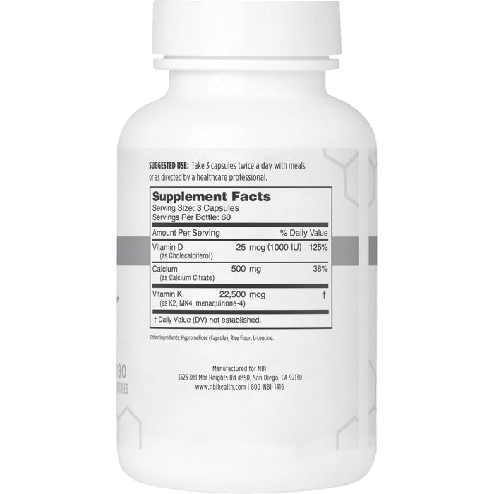 NBI Osteo-K Bone Support | Vitamin D & K Complex with Calcium Citrate Supplement | 45mg Vitamin K2 (MK4) for Strong Bone Health & Function | 180ct Veggie Capsules