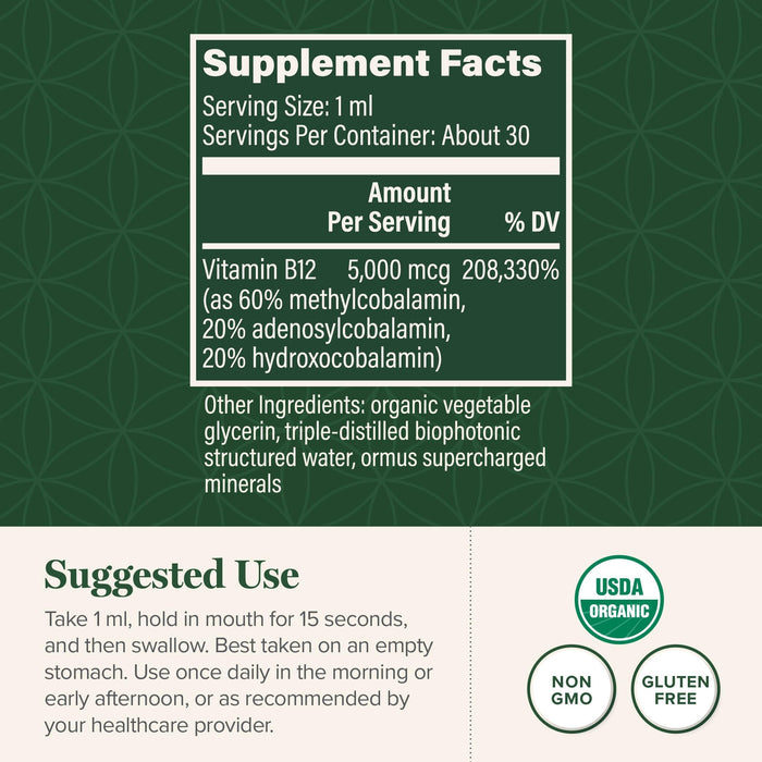 Global Healing Center Vitamin B12 Sublingual 5000 MCG Organic Liquid Supplement 1 Oz