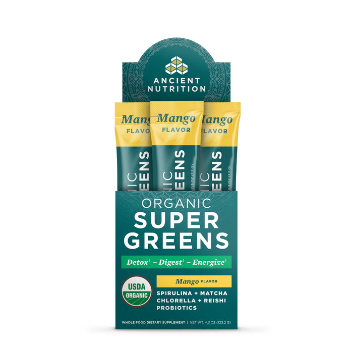 Ancient Nutrition SuperGreens Powder with Probiotics Mango Flavor 16 Stick Packs