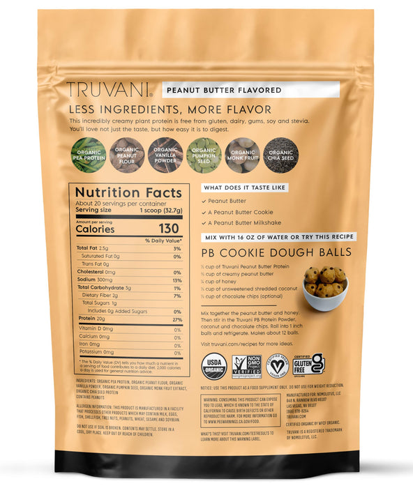 Truvani Vegan Pea Protein Powder Peanut Butter 20g -20 Servings