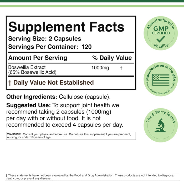 Double Wood - Boswellia Serrata Extract 1,000mg, Extra Strength, 240 Capsules