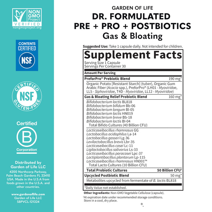 Garden of Life Dr Formulated Gas & Bloating 3-in-1 Complete 50 Billion CFU 30 veg caps