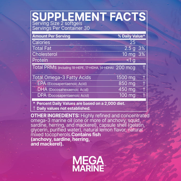 Microbiome Labs MegaMarine Omega 3 Fish Oil Supplements - 60 Softgels